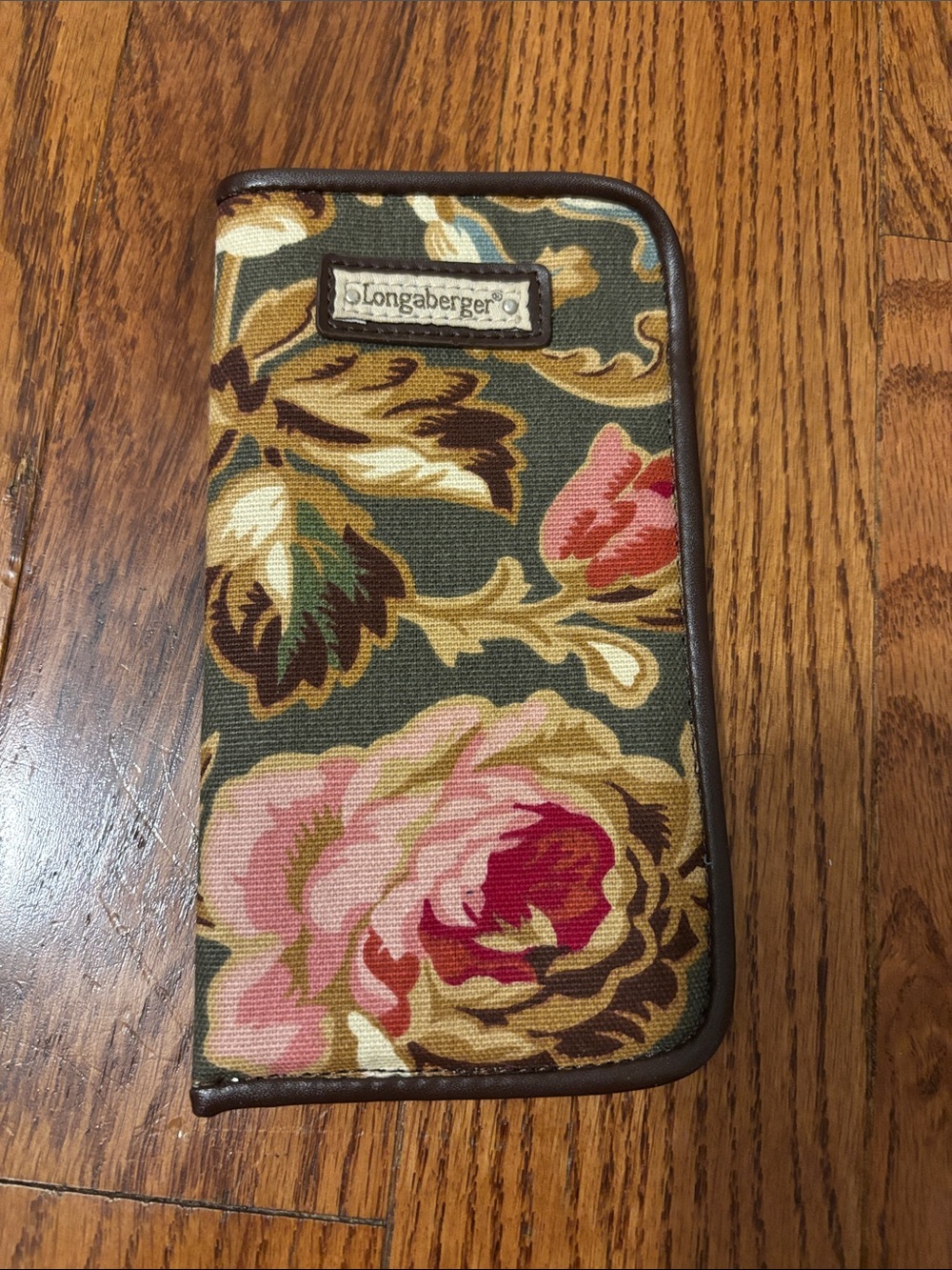 Longaberger Floral Canvas Phone Wallet in Green and Pink Accents